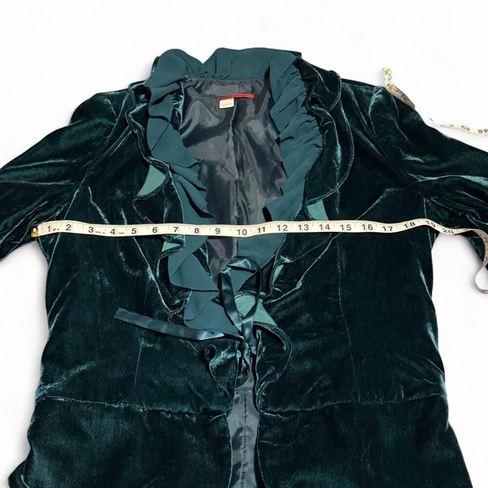 Y2K Tapemeasure Teal Emerald Velvet Ruffle Tie-Front Blazer Jacket Size 4 - Picture 5 of 11